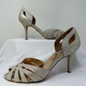 Badgley Mischka Silver Rhinestone Strappy Heels Size 10M Leather Sole Evening